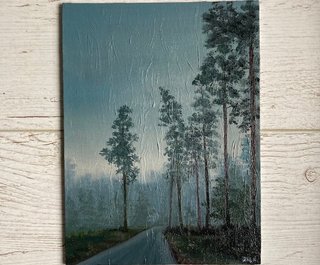 ロシア 森の油絵、森の風景画、小さな油絵、霧のある壁アート