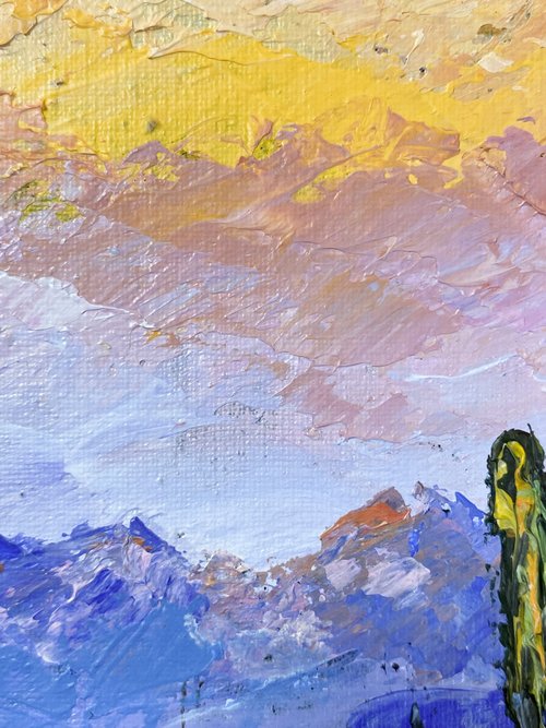 送料無料】ロシア 砂漠の風景画 原画 アクリル画 サボテンと夕焼け空の