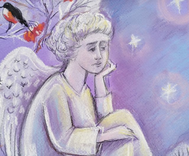 ロシア 天使の冬の絵 新年のパステル画 クリスマスの絵画 鳥 冬の