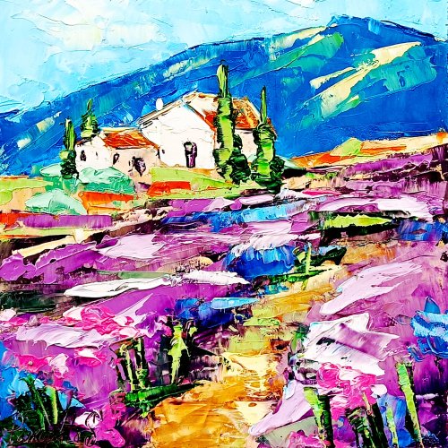 トスカーナの絵画 ひまわり オリジナルアート インパスト 油絵 風景画