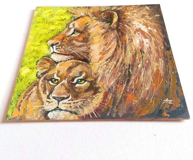 送料無料】ロシア ライオンズ絵画オリジナルアート ライオンと雌