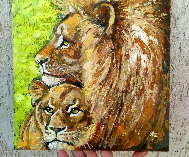 送料無料】ロシア ライオンズ絵画オリジナルアート ライオンと雌