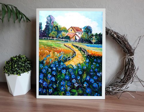 送料無料】ロシア 青い花畑の絵画オリジナル油絵アート壁の装飾