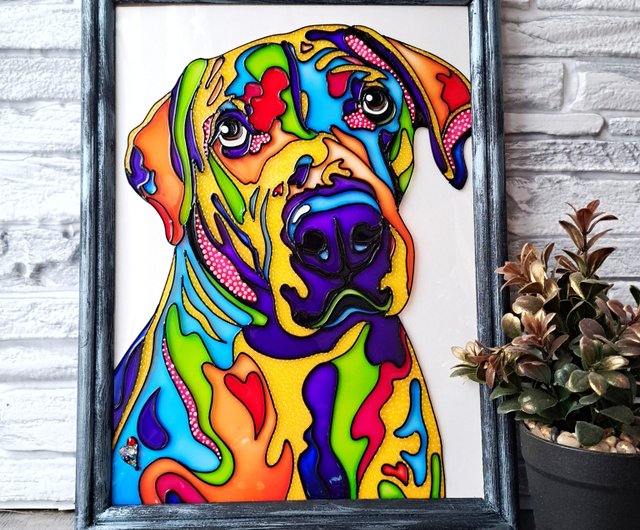 ベラルーシ 手描きステンドグラス虹大きな犬多色素朴なオリジナル絵画