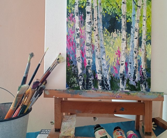 送料無料】ウクライナ 白樺林絵画オリジナルアート風景油絵 7.8*11.8