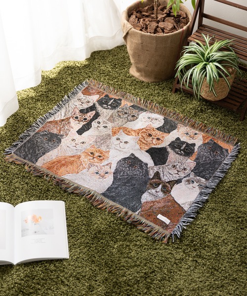 セール】猫柄 ジャガード織 ラグ マット スローケット 50x70cm（ラグ