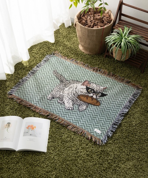セール】猫柄 ジャガード織 ラグ マット スローケット 50x70cm（ラグ