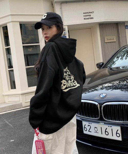 韓国風 秋服 オーバーサイズ マウンテンプリント 裏起毛 フーディー