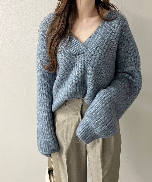 セール】オーバーサイズVネックニット / プルオーバー ミドル丈