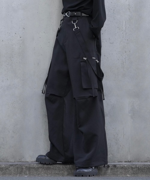 ルーズシルエットハイウエストサスペンダーZIPポケットデニムカーゴ