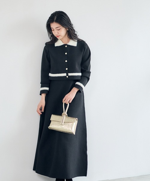セール】シャギー衿ニットワンピース×ノーカラーカーディガンセット