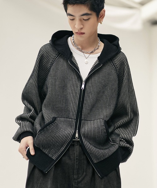 セール】ウール混 ダブルジップ 2トーン ニットパーカー（パーカー