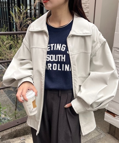 セール】フェイクレザー2WAYスタンドブルゾン（ライダースジャケット