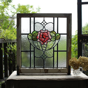 大きなピンクのバラのステンドグラス イギリスアンティーク 60.5cm