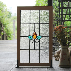 花の蕾の大きなステンドグラス イギリスアンティーク 48cm×80.5cm