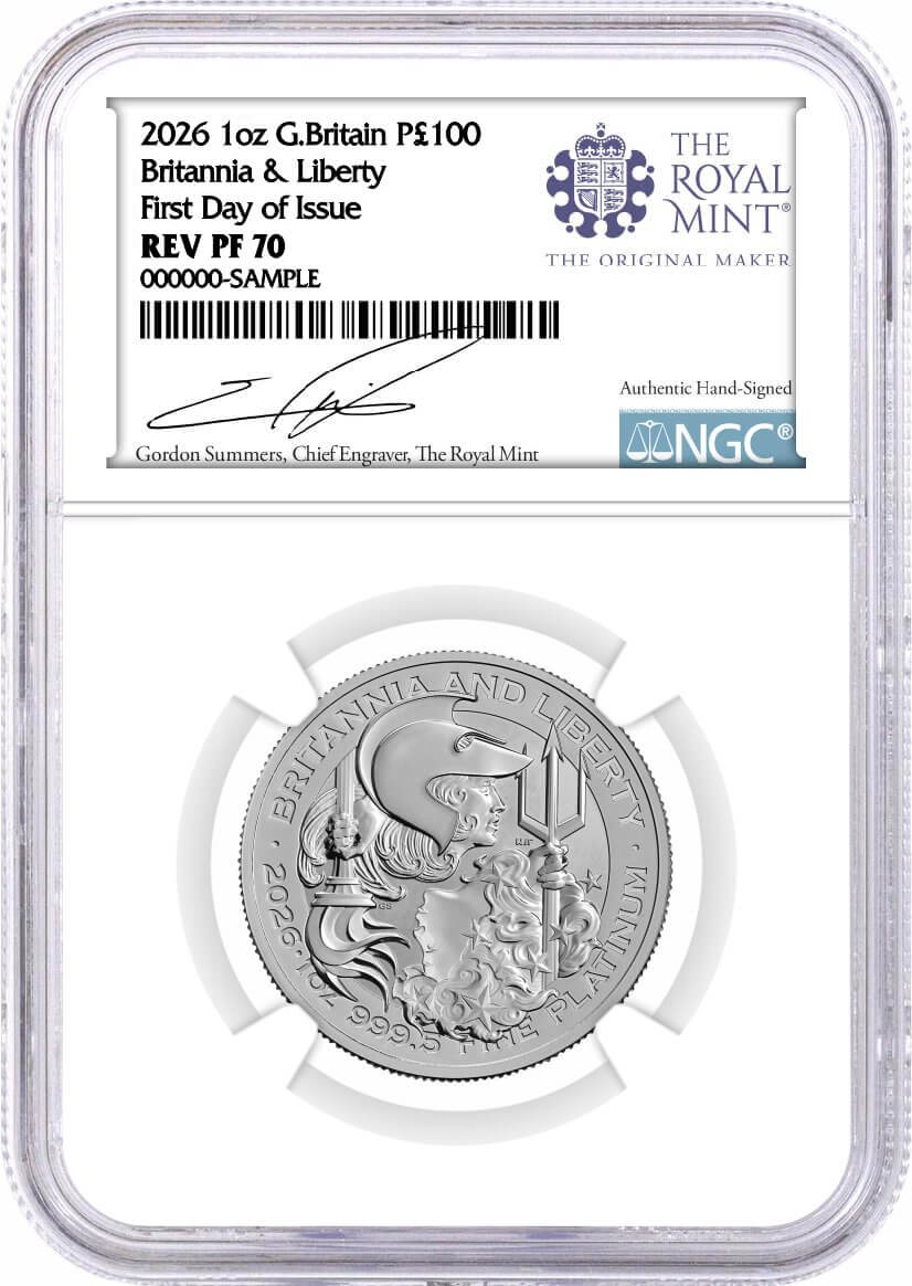 2026 G. Britain 1 oz Platinum Britannia & Liberty NGC REV PF70