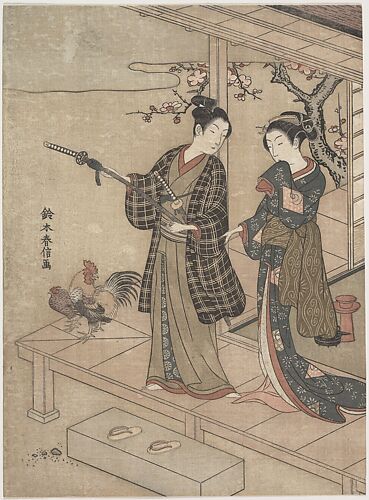 Suzuki Harunobu - Night Rain at the Double-Shelf Stand, from the