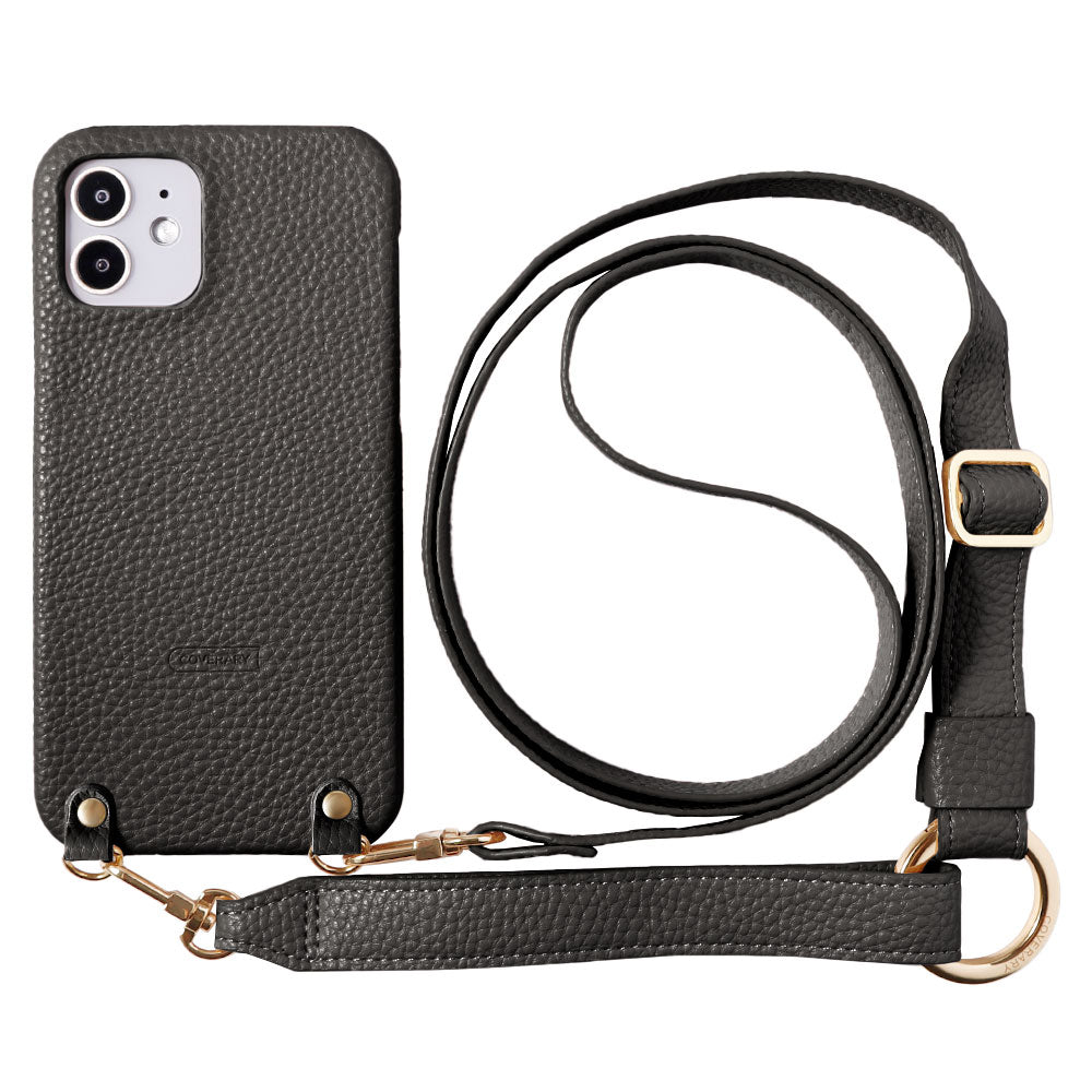 ヴィーガンレザー シボ加工 幅広ショルダーストラップ付き 背面ケース