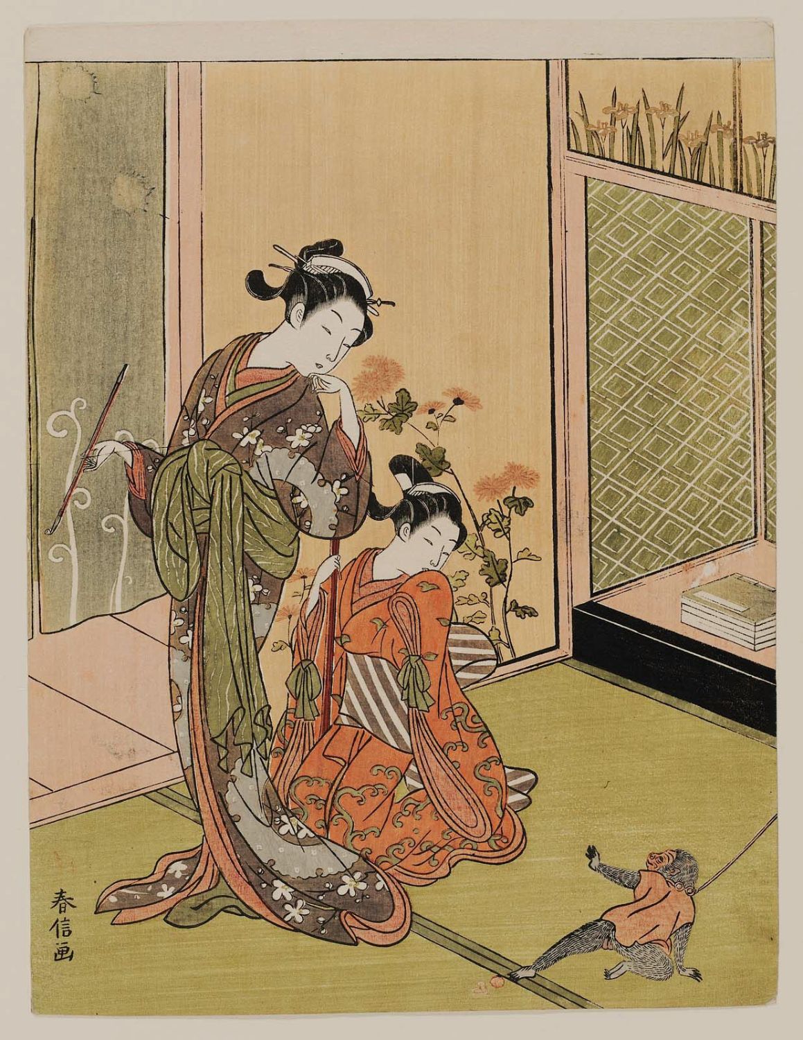 鈴木春信による浮世絵「Courtesan and Shinzô with a Pet Monkey」