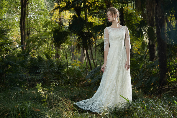 刺繍レース 七分袖 Aラインドレス（W213）