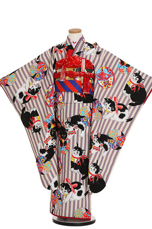 7歳七五三レンタル アンティーク復刻 縞に猫