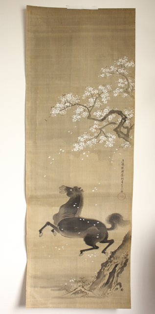 鶴澤探鯨 狩野派 まくり 彩色 絹本『馬』 Z078｜骨董店 のびる 古美術