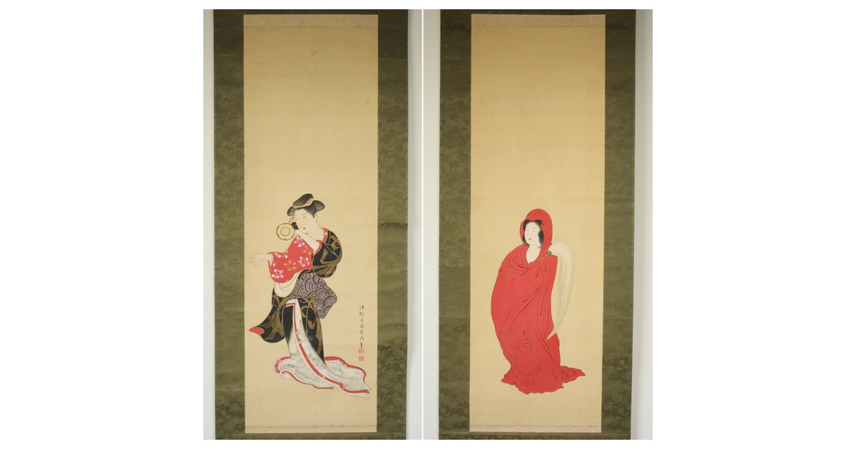 倣 月岡雪鼎 肉筆浮世絵【地獄太夫】絹本掛軸双福 Z202｜骨董店 のびる