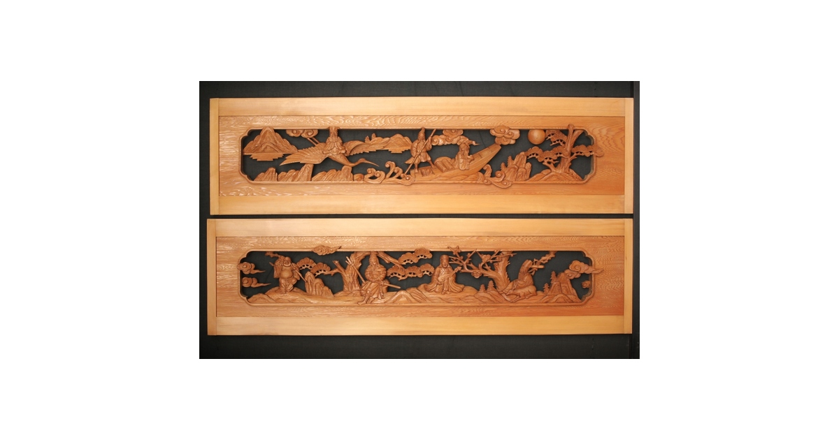 七福神 木彫欄間 2枚1組 R0132Y｜骨董店 のびる 古美術 骨董 和風建具