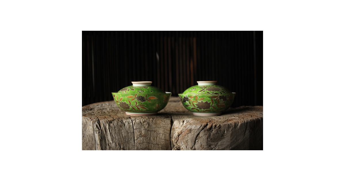 美術商 貴多川 青釉地金襴手蓋向 10客 P441｜骨董店 のびる 古美術