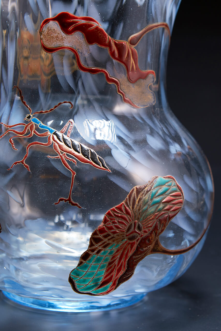 エミール・ガレ 月光色ガラス蟷螂文花器／取扱作品 - アンティーク