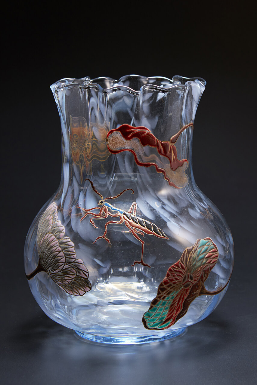 エミール・ガレ 月光色ガラス蟷螂文花器／取扱作品 - アンティーク