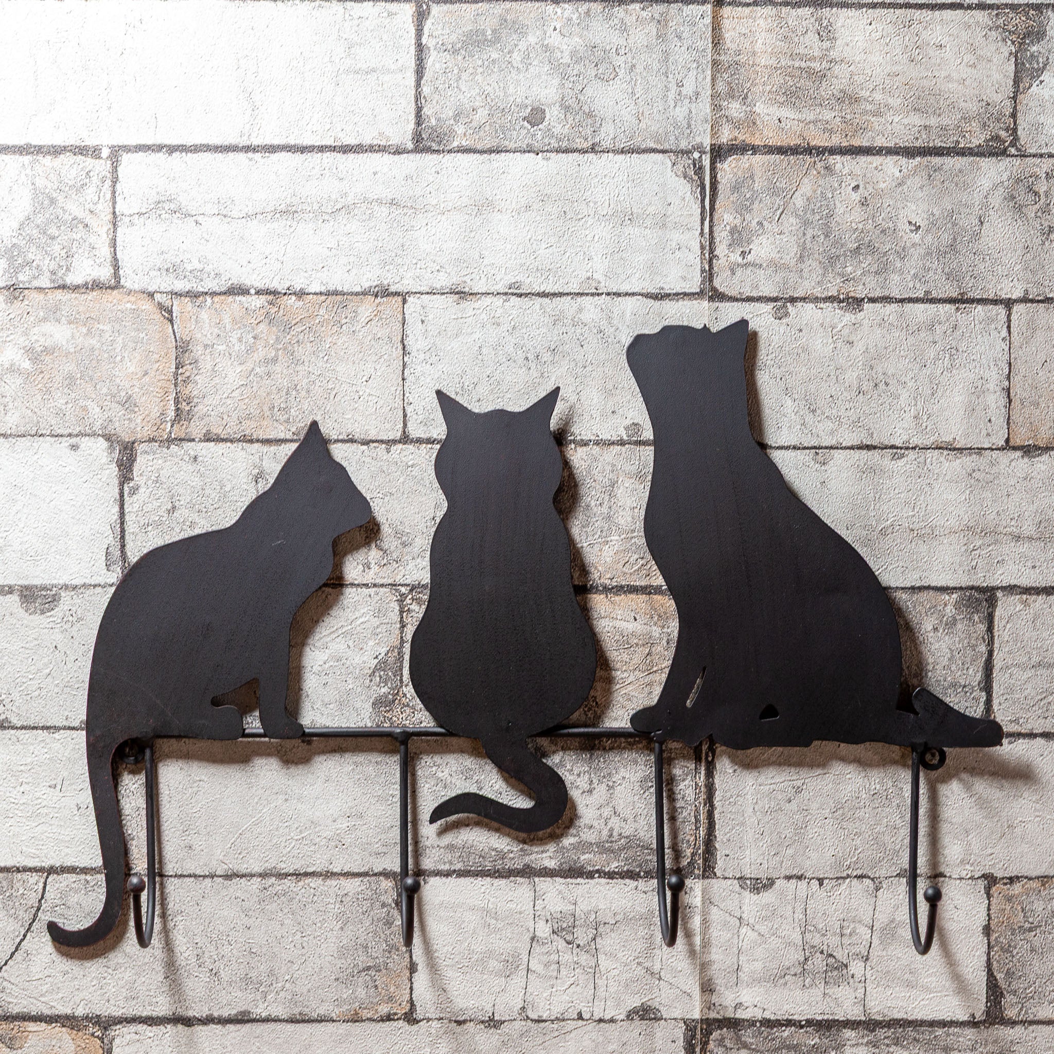 アイアン製 壁掛け ウォール4フック 3匹のネコ シルエット