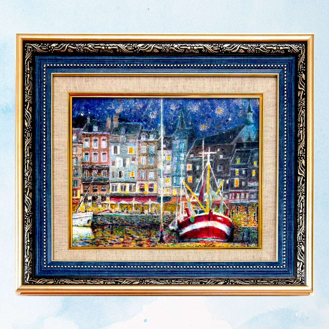 風景画「灯台と花菖蒲」油彩画 F4 額付き by 福家佳則 / Fukei-ART