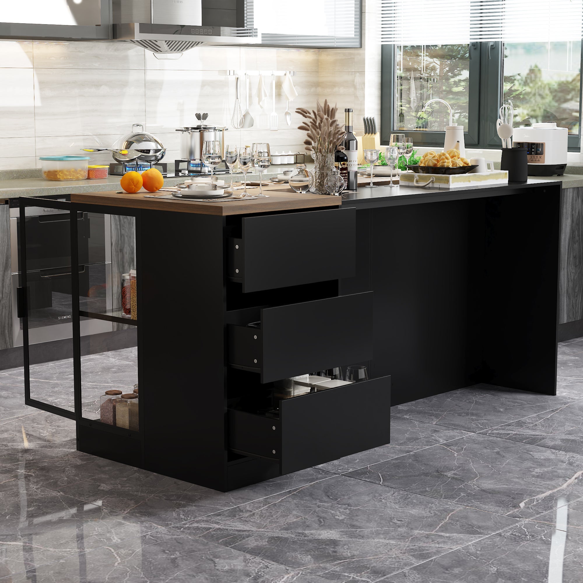 77.6 inches Modern Elegant Black Kitchen Island With Glass Door 3 Draw