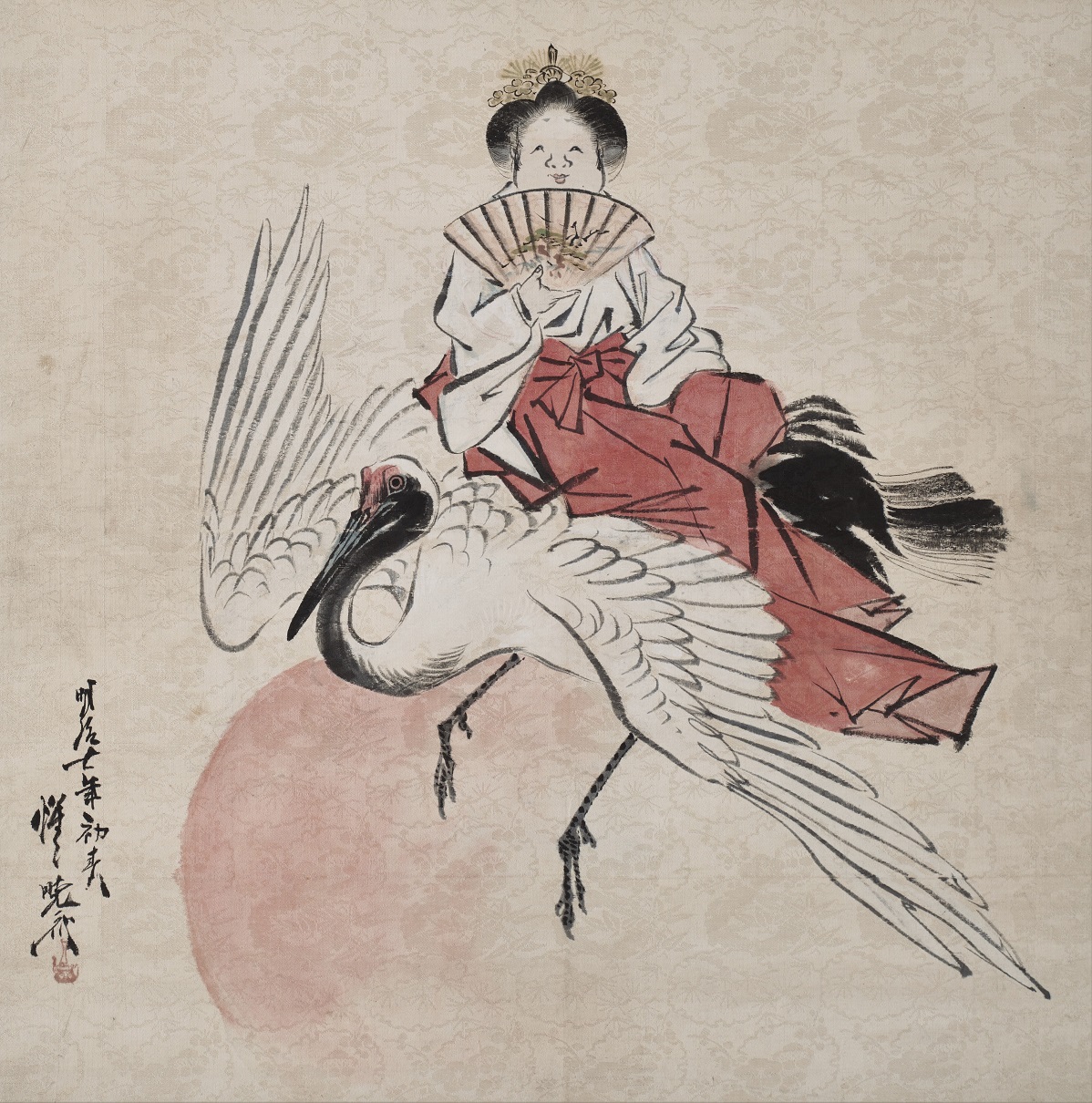 河鍋暁斎筆「乗鶴お多福図」 - 藤美術