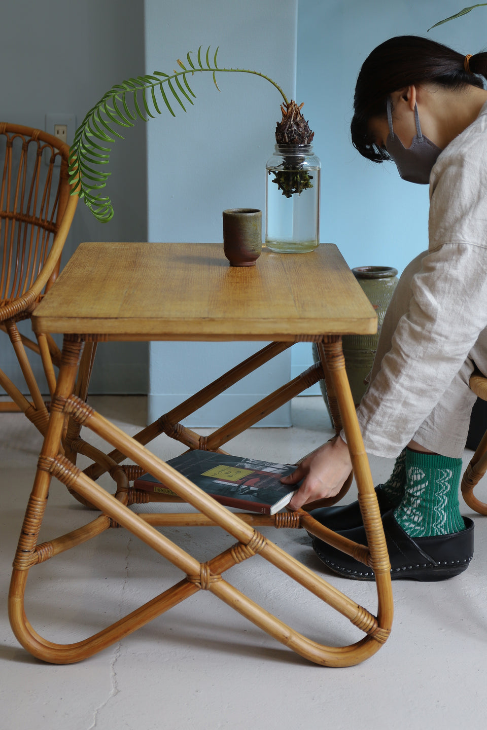 山川ラタン アームチェア 菊椅子 サイドテーブル ジャパンヴィンテージ