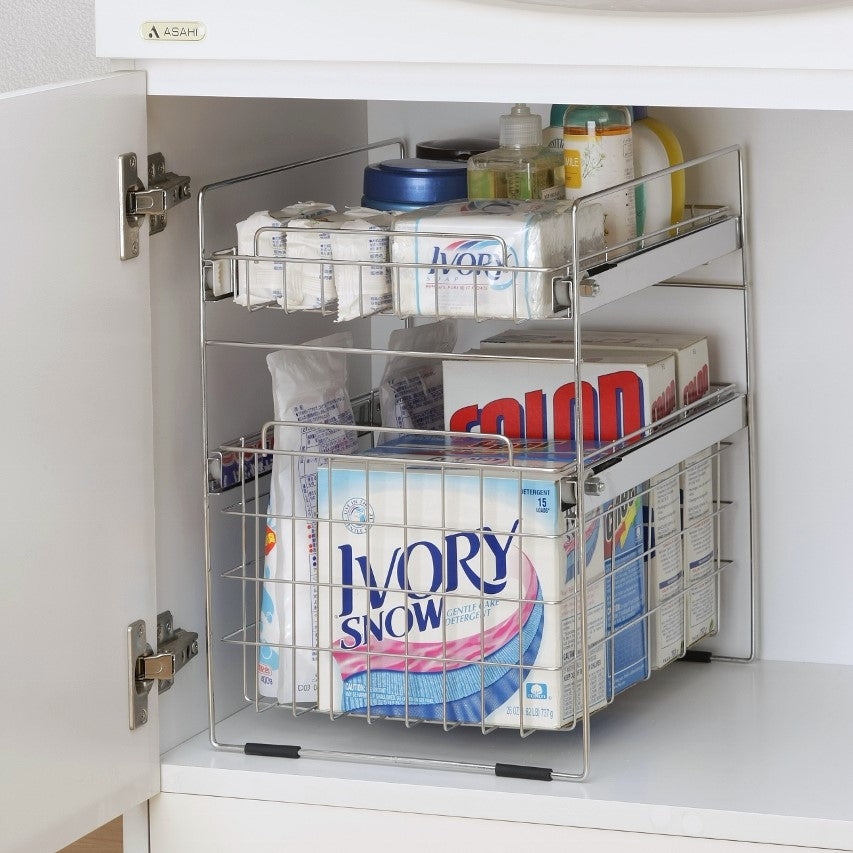 日本製 燕三条 ステンレス洗面台下ラック 2段 スライド棚 洗面台下収納