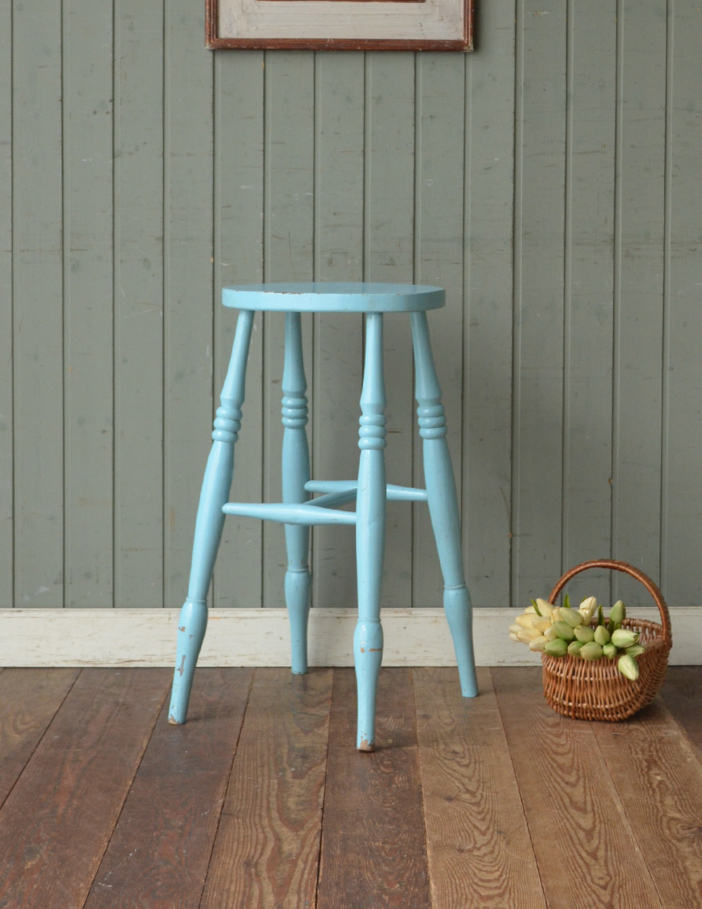 ブルーペイントのアンティークハイススツール(d-830-c)｜アンティーク