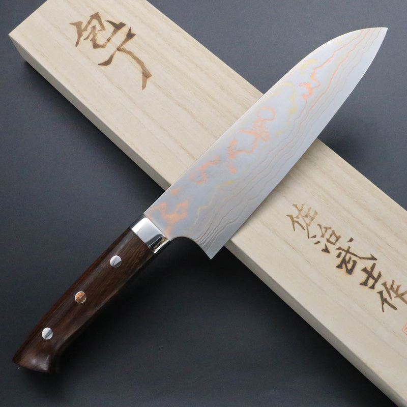 佐治武士 青紙2号 有色ダマスカス 三徳 包丁 175mm アイアンウッド