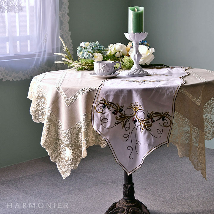 キャンバスレーステーブルクロス/アイボリー118x118cm｜輸入雑貨の