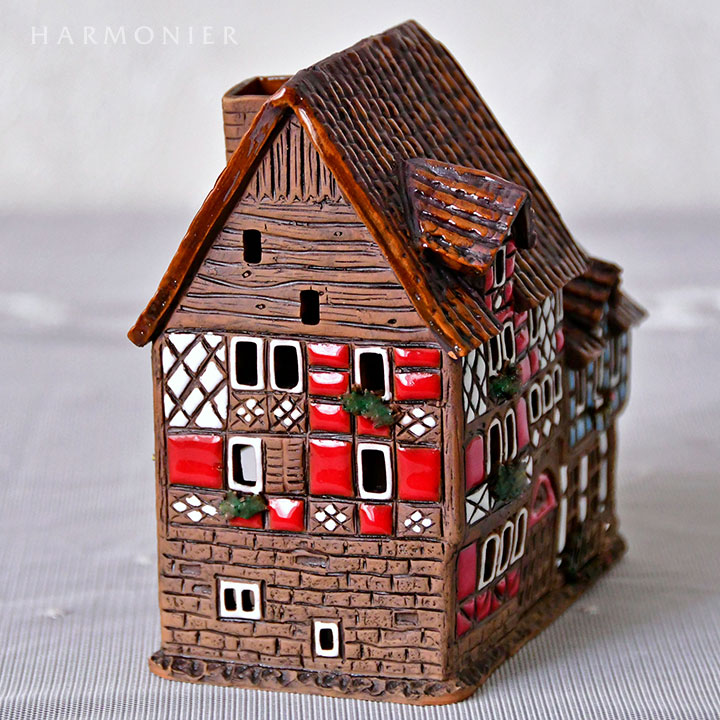 リトアニア製キャンドルハウス/木骨造りの家 レッド＆ブルー