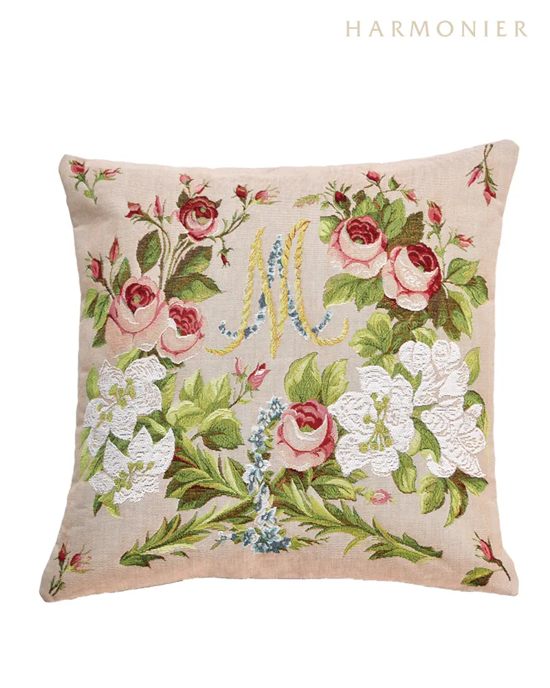 ARTdeLYSフランス製ゴブラン織クッション/Mローズ/ベージュ50x50cm
