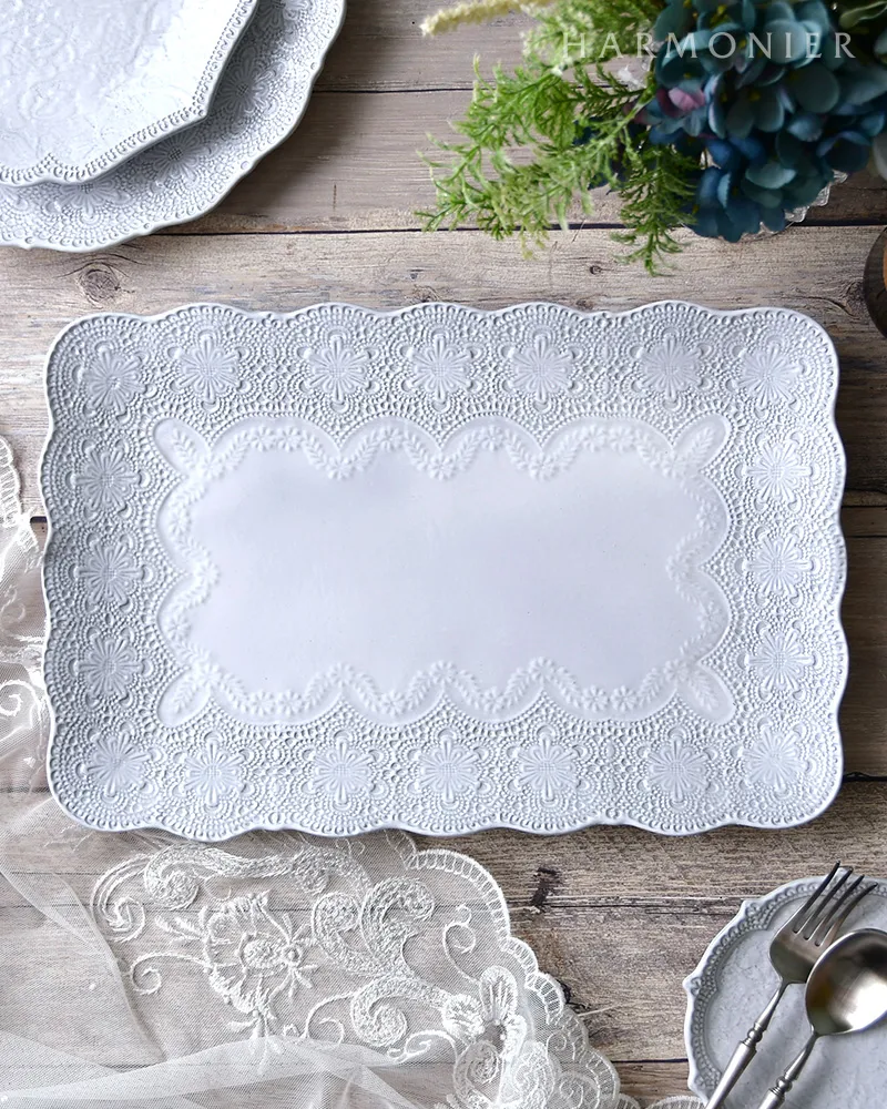 メルレットホワイトレーススクエアプレート37x25cm/イタリア製｜輸入