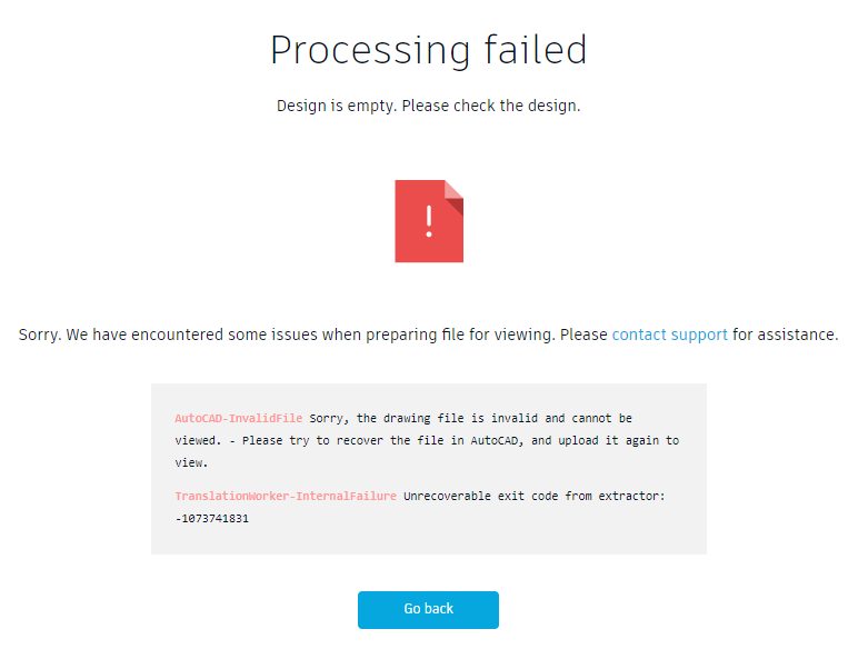 処理に失敗しました。デザインが空ですエクストラクタからの修復不