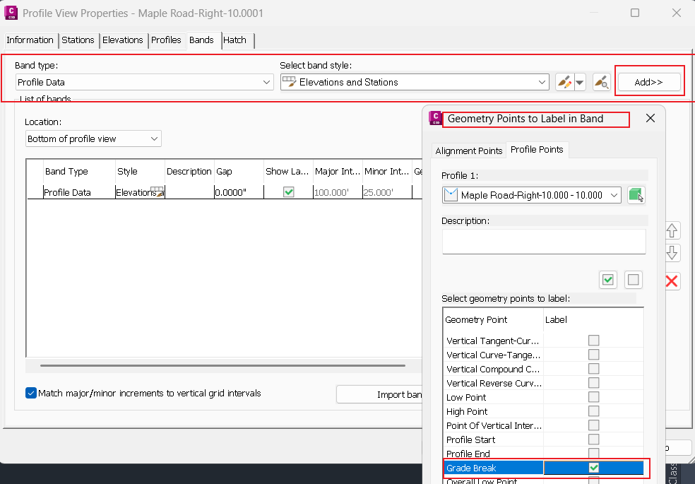 Civil 3D の勾配変化点に設定された縦断ビュー帯のラベルを追加または