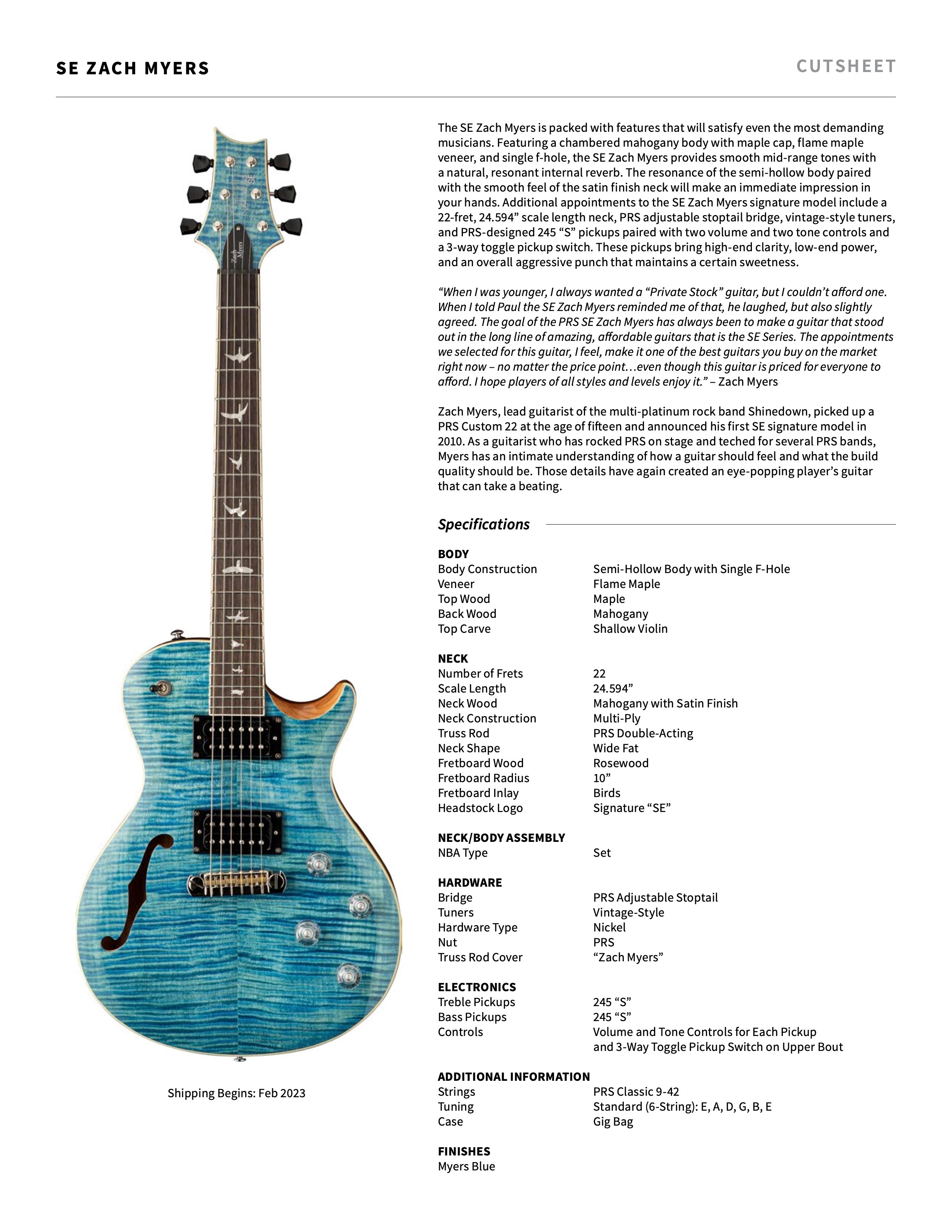 PRS SE Zach Myers - Myers Blue