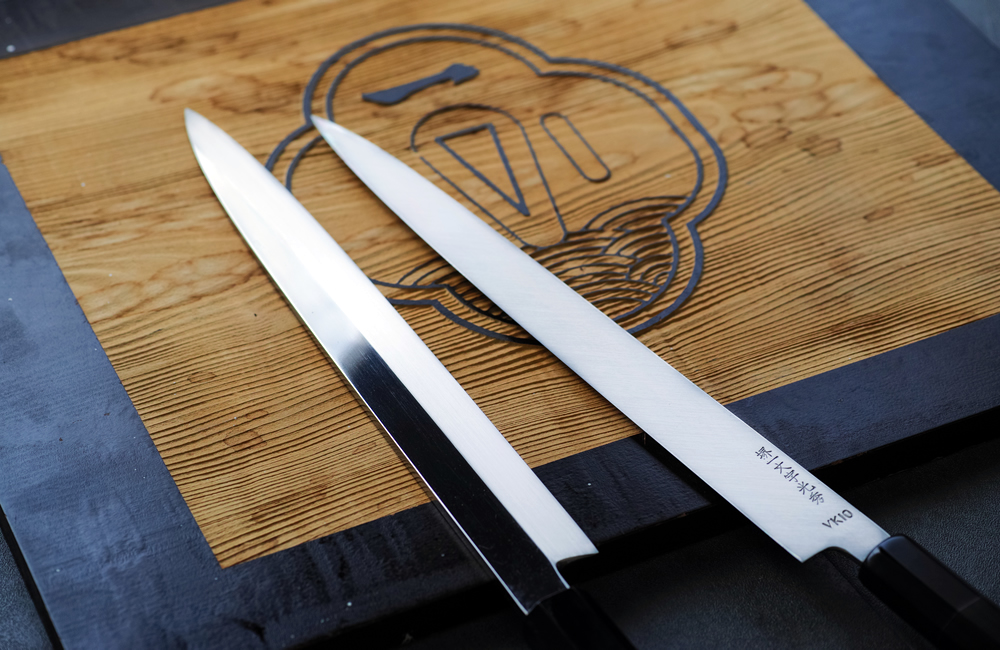 堺一文字光秀 V10本焼 鏡面仕上 柳刃包丁 鞘付き