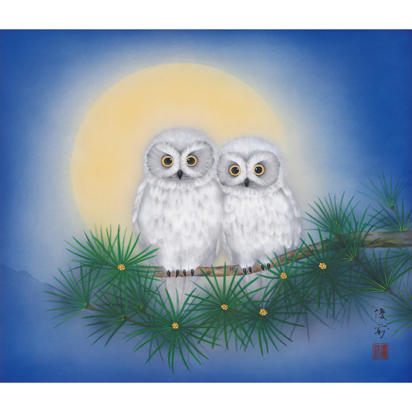 鈴木優莉 筆 肉筆金彩絹本画 月下白ふくろう：I・E・I オリジナル