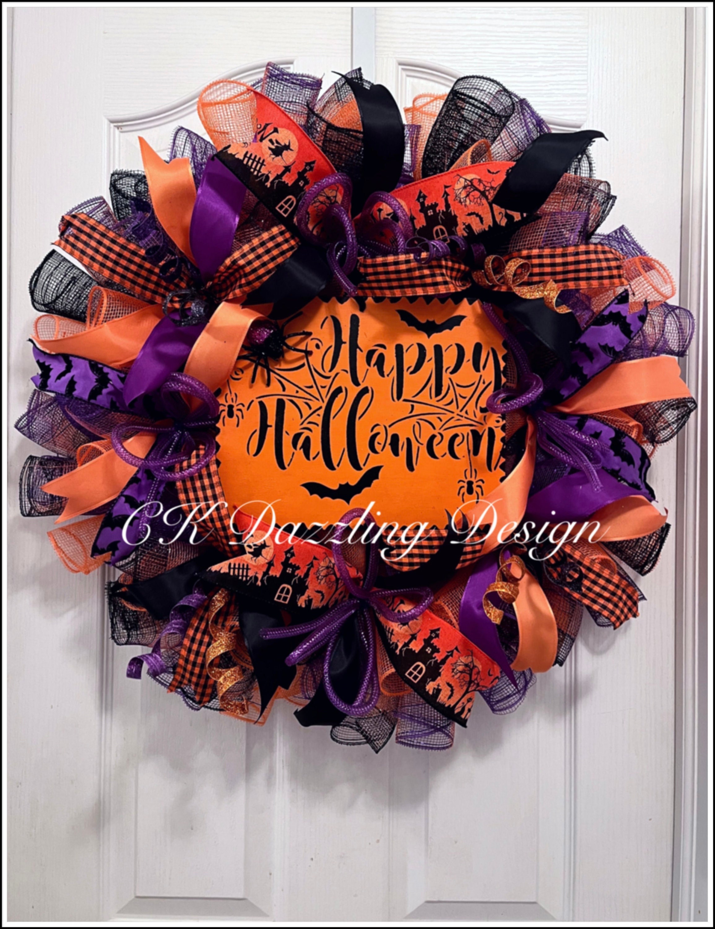 Happy Halloween, Orange, Black, and Purple Deco, Mesh Wreaths