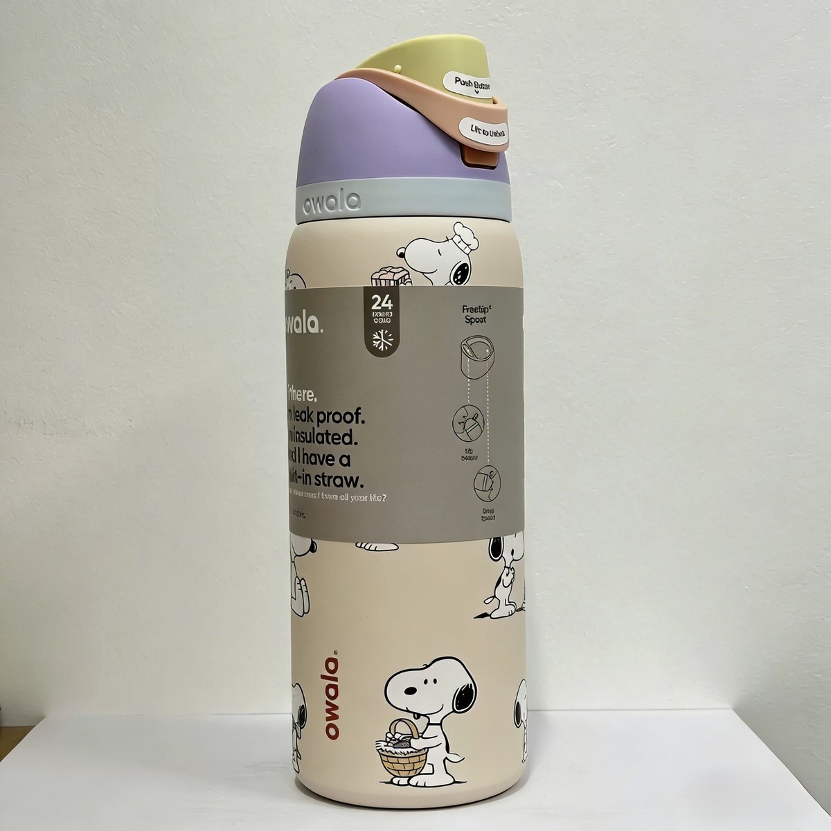 Brand new Owala Snoopy stainless steel insulated water bottle flip